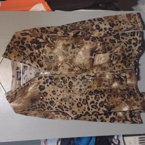 Onque Leopard Print Flower Studded Zip Up Hoodie Jacket Plus Size 1x